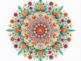 Poster - Intricately detailed bohemian mandala with vibrant floral patterns and geometric shapes on a crisp white isolated background, evoking a sense of serenity and harmony.