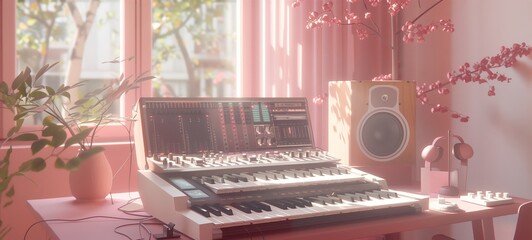 Aufkleber - Cozy Home Studio Setup With Synthesizer, Speakers, and Pink Decor in a Sunlit Room