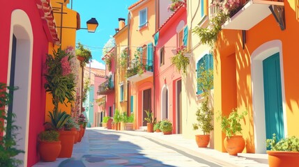 Wall Mural - A charming alleyway in a Mediterranean village, with vibrant colors and space for travel-themed text.