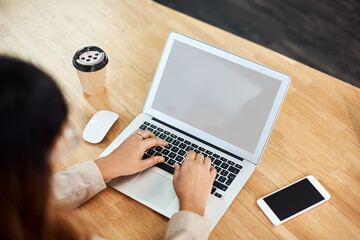 Aufkleber - Above, hands and woman with laptop, screen and keyboard with research review, proposal and journalist. Article, person or employee with pc, cellphone or typing with mockup space or feedback in office