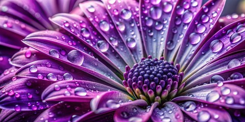 Poster - Delicate purple petals glisten with tiny water droplets, showcasing intricate details and vibrant color of the flower in this stunning close-up photography.