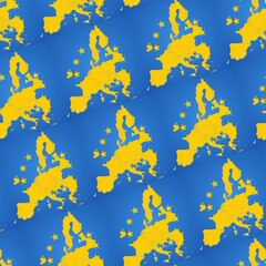 seamless texture pattern European Union flag background, blue and yellow backdrop, outline map simplified with borders of the EU, Europe