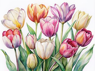 Wall Mural - Delicate watercolor tulips with soft petals and vibrant colors bloom on a crisp white background, showcasing a beautiful botanical illustration in whimsical detail.