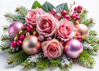 Beautifully arranged bouquet of pink roses surrounded by festive holiday decorations including ornaments and greenery on a clean white background for Christmas.