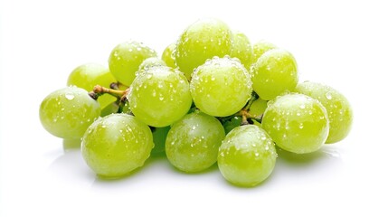 A cluster of juicy green grapes, with droplets of water, giving a fresh and crisp feel against a white background.