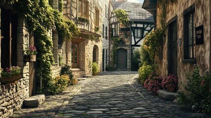 A cobblestone street in a quaint European village, with charming buildings and a central space for a travel message.