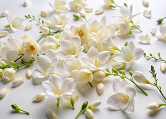 Poster - Delicate white freesia petals scattered across a pure white background, gently curled and twisted, their fragile beauty and intricate details prominently on display.