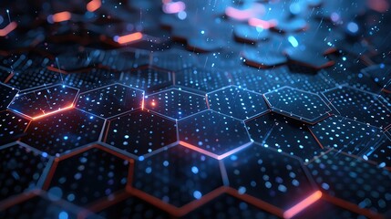 Poster - Abstract digital hexagonal pattern with glowing dots and vibrant colors, perfect for technology and background designs.