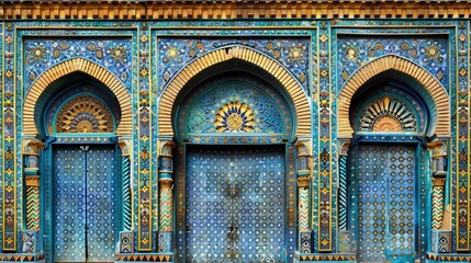 Ornate Blue and Gold Mosaic Arched Entryway with Three Doors