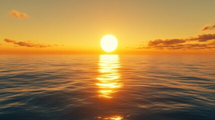 A golden sun setting over a calm ocean, creating a warm and peaceful scene. Ideal for tranquil and serene themes.