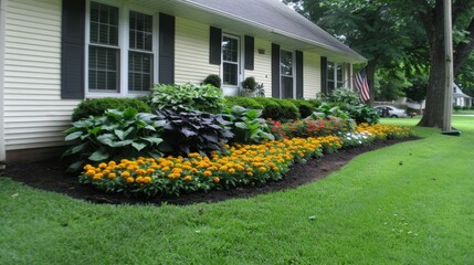 Beautiful suburban house with lush green lawn and colorful flower bed, showcasing well-maintained landscape and serene outdoor space.