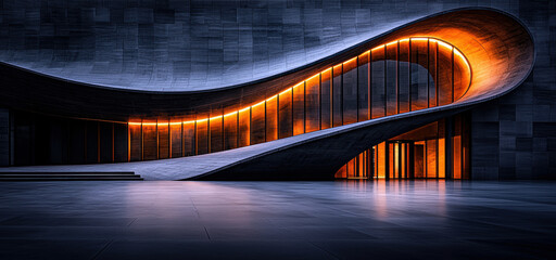 Poster - A large building with a curved facade and a long, narrow entrance. The entrance is lit up with orange lights, creating a warm and inviting atmosphere. The building appears to be a modern structure