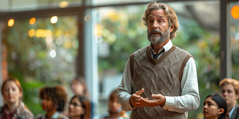 an adult man standing inside a modern office space