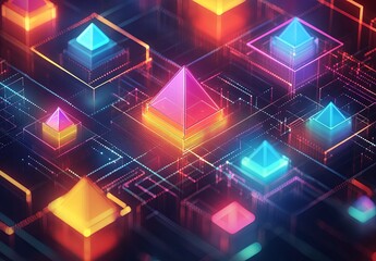 Poster - A detailed isometric grid with a combination of prisms and pyramids in bold colors, creating an eye-catching visual effect