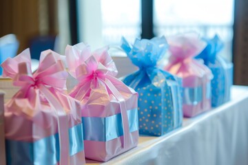 A delightful baby shower favor station with blue and pink gift bags for guests to choose from.