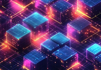 Poster - A high-tech isometric pattern featuring interconnected shapes and vibrant colors, evoking a sense of modernity and innovation