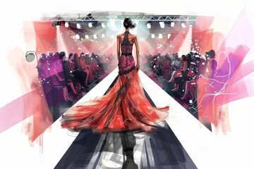 A fashion designer showcasing their latest collection on a glamorous runway. Illustration on a clear white background --ar 3:2 --style raw Job ID: f4b1dbc6-61f8-4345-92b8-b608e38374f4