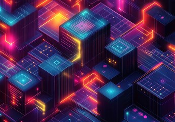 Poster - A high-tech isometric pattern featuring interconnected shapes and vibrant colors, evoking a sense of modernity and innovation