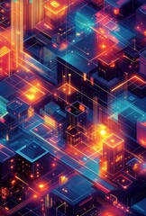 Poster - A high-tech isometric pattern featuring interconnected shapes and vibrant colors, evoking a sense of modernity and innovation
