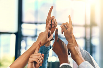 Poster - Business people, fingers and ask question in office, feedback and emoji with pointing for vote. Employees, team building and hand up for problem solving or solution, workshop and community opinion