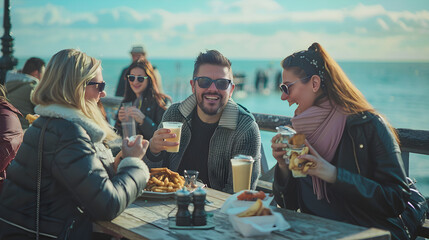 Group of friends smiling, eating fish and chips, enjoying sunny day on Brighton Pier.