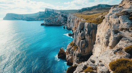 Wall Mural - Stunning coastal cliffs and blue sea in a panoramic view, capturing the beauty of meeting point.