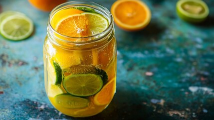 Aufkleber - A jar filled with fresh lemon and lime slices, surrounded by scattered citrus fruits on a textured surface.