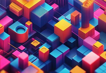 Poster - A vibrant 3D isometric grid featuring a variety of shapes and colors, creating a visually striking geometric pattern