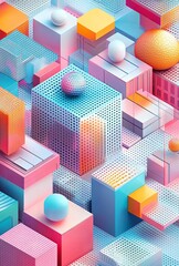 Poster - A vibrant 3D isometric grid featuring a variety of shapes and colors, creating a visually striking geometric pattern