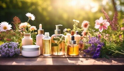 Natural cosmetics arranged on a rustic wooden table amidst blooming garden flowers and fresh nature.