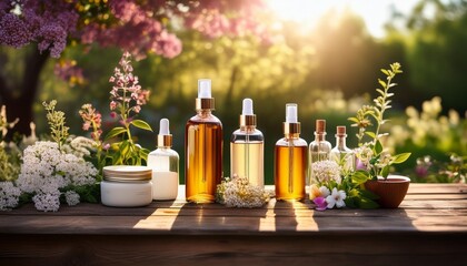 Natural cosmetics arranged on a rustic wooden table amidst blooming garden flowers and fresh nature.