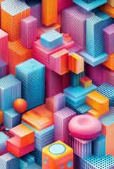 Poster - A vibrant 3D isometric grid featuring a variety of shapes and colors, creating a visually striking geometric pattern