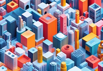 Poster - A vibrant 3D isometric grid featuring a variety of shapes and colors, creating a visually striking geometric pattern