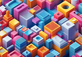Poster - A vibrant 3D isometric grid featuring a variety of shapes and colors, creating a visually striking geometric pattern