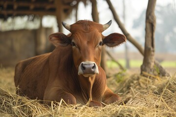 A cow is laying down in a field of hay. The cow is brown and has two horns on its head