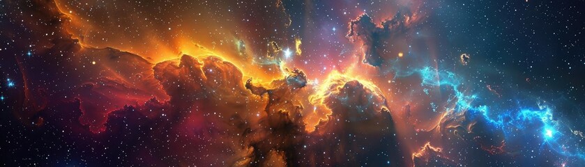 Wall Mural - A stunning cosmic nebula radiating vibrant colors of orange, blue, and purple, capturing the awe of the universe's beauty.