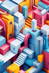 Poster - A vibrant 3D isometric grid featuring a variety of shapes and colors, creating a visually striking geometric pattern
