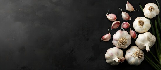 Poster - Garlic heads displayed in a top view arrangement on a black background with ample copy space image