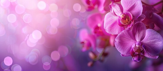 Poster - A view from the front showcasing orchid blossoms against a blurred purple backdrop providing ample copy space for creativity