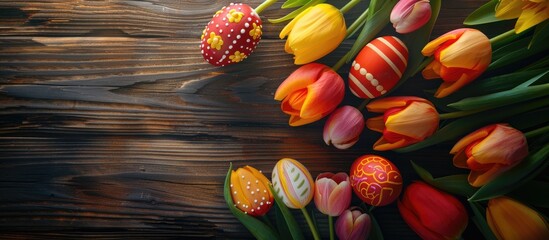 Fototapete - Top view of vibrant Easter eggs and tulips on a rustic brown wooden surface with ample copy space image