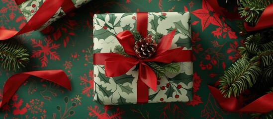 Aufkleber - A holiday gift wrapped in festive paper and ribbon placed on a table for display with a top view to show a copy space image