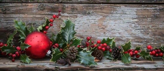 Poster - A festive Christmas scene featuring a vibrant red ornament holly branches and gifts on a rustic wooden backdrop Ideal for a greeting card with room for text Copy space image