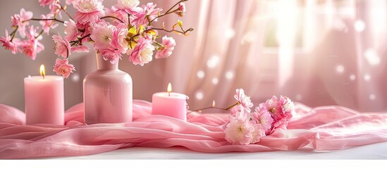 Aufkleber - A table covered with pink fabric featuring a vase of flowers and pink candles creating a soothing ambiance with copy space image possibility