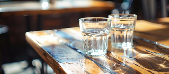Poster - On a wooden table inside there are two glasses of water with a copy space image