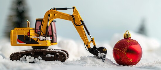 Excavator model and Christmas ornament displayed on a white background symbolizing a festive holiday celebration with a copy space image