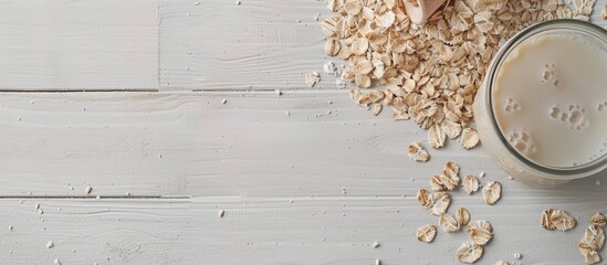 Aufkleber - Copy space image featuring porridge oats flakes milk in a glass and rolled oats on a white wooden backdrop