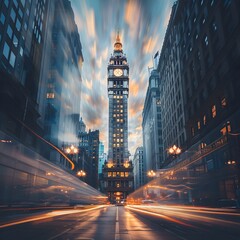 Canvas Print - Majestic Clock Tower in Bustling City at Dusk with Swiftly Moving Clouds