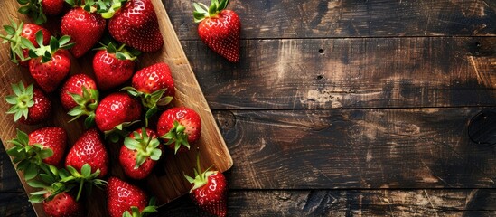 Poster - Strawberry displayed on a wooden cutting board with copy space image