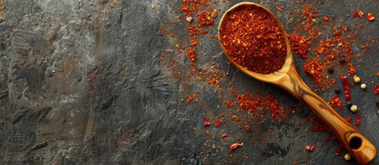 Poster - Wooden spoon filled with crushed paprika displayed on a stone table with ample copy space for customization in the image