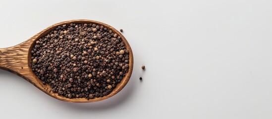 Poster - Wooden spoon filled with ground black pepper on a white backdrop with copy space image